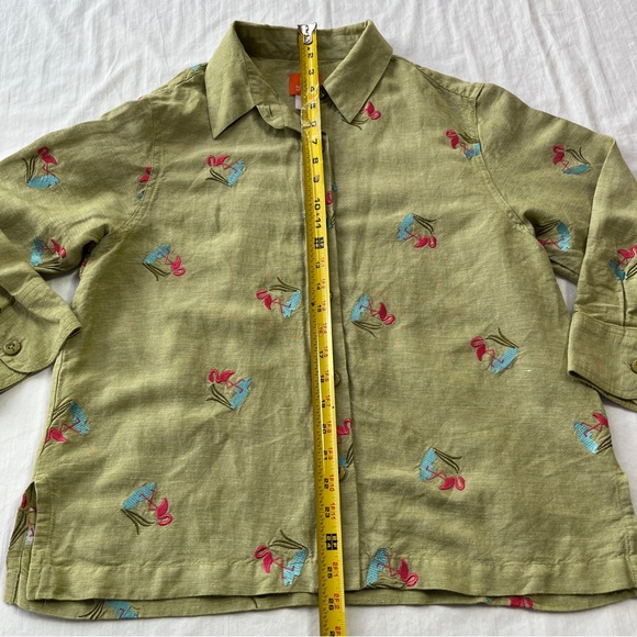 Hearts of Palm Green Linen Blend Shirt with Flamingos - Size 10 - Picture 8 of 11